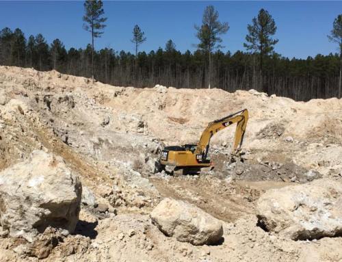 Excavator working in a large, rocky excavation site surrounded by trees under a clear blue sky.