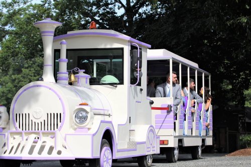 A colorful train-style vehicle with passengers enjoying a ride through a scenic area.
