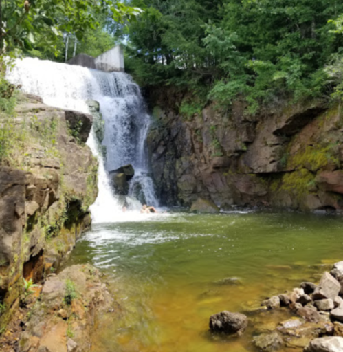 A scenic waterfall cascades into a rocky pool surrounded by lush greenery.