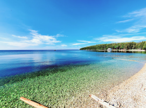 A serene beach scene with clear blue water, a sandy shore, and lush green trees under a bright sky.