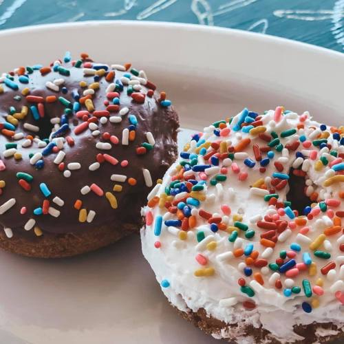 Two donuts on a plate: one with chocolate icing and colorful sprinkles, the other with white icing and rainbow sprinkles.