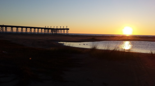 Sunset over a beach with a pier in silhouette, reflecting light on calm water and grassy shoreline.