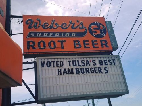 Sign for Weber's Superior Root Beer, featuring "Voted Tulsa's Best Hamburgers" in bold letters.