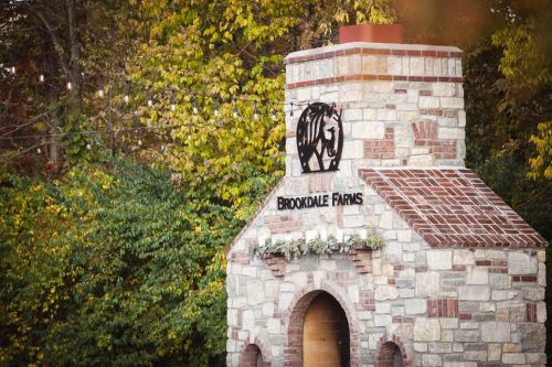 Stone entrance sign for Brookdale Farms, featuring a lion emblem and surrounded by colorful autumn foliage.