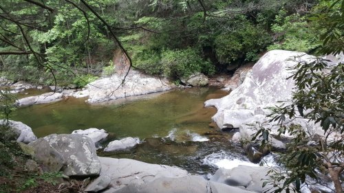 A serene river flows through rocky terrain, surrounded by lush green trees and foliage.