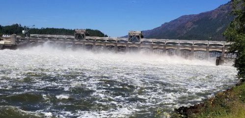 A large dam with water cascading over it, creating mist, surrounded by trees and mountains under a clear blue sky.
