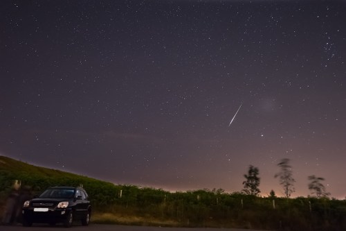 A starry night sky with a shooting star above a parked black car near a vineyard.