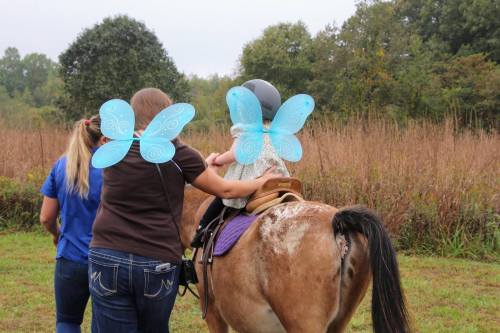 A child with butterfly wings sits on a horse, while an adult guides them in a grassy field.