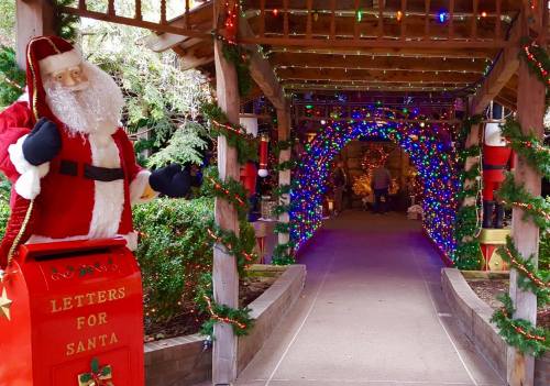A festive walkway adorned with colorful lights, a Santa figure, and a mailbox labeled "Letters for Santa."
