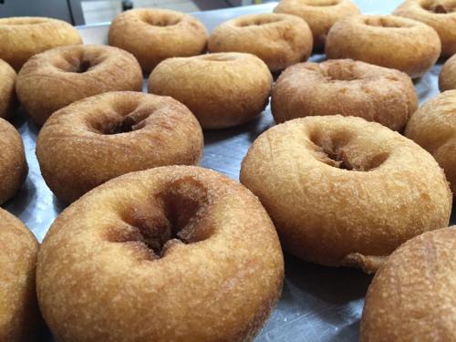 A close-up of freshly fried, golden-brown donuts arranged on a tray.