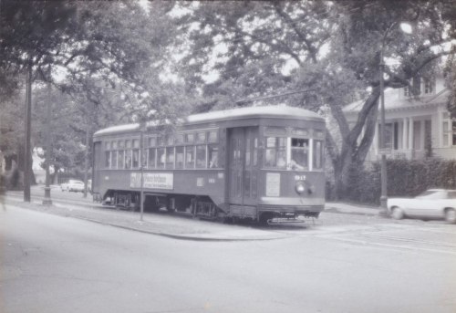 A vintage streetcar parked on a tree-lined street, with a house and a car in the background. Black and white photo.