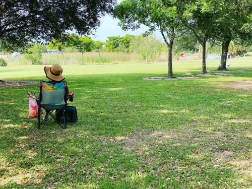A person sitting in a chair under trees, enjoying a peaceful park setting with green grass and distant water.