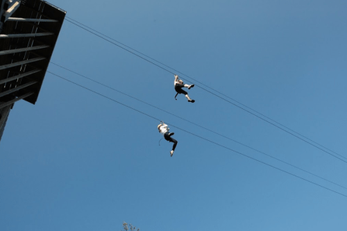 Two people ziplining against a clear blue sky, suspended between two points.