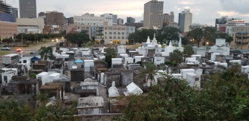 Aerial view of a cemetery with white tombs and mausoleums, surrounded by city buildings and palm trees at dusk.