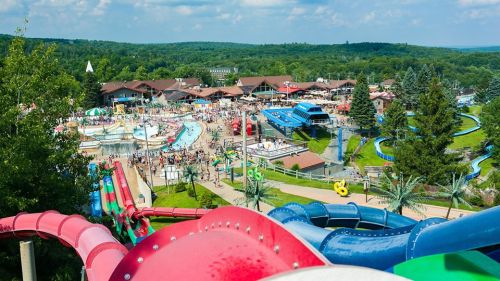 Aerial view of a busy water park with slides, pools, and crowds enjoying a sunny day. Lush greenery in the background.