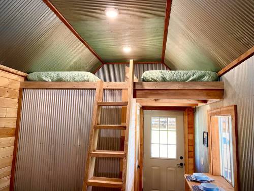 Cozy interior of a tiny house featuring a loft bed, wooden ladder, and a door leading outside.