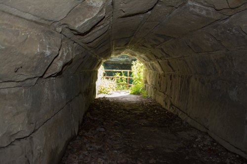 A stone tunnel leading to a bright, overgrown exit with greenery visible outside.