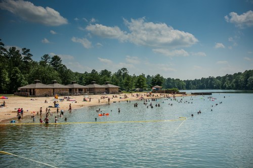 A sunny beach scene with people swimming and relaxing by the water, surrounded by trees and buildings in the background.