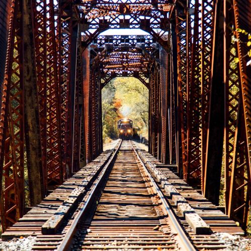 A train approaches through a rusted metal bridge, with tracks leading into a vibrant, tree-lined background.