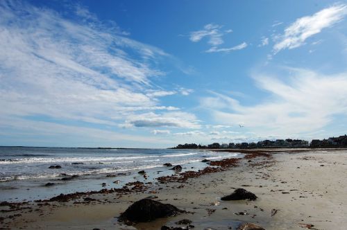 A serene beach scene with gentle waves, scattered rocks, and a clear blue sky dotted with clouds.