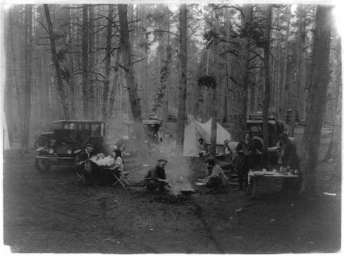 A vintage camping scene with people gathered around a campfire, tents, and classic cars in a forested area.