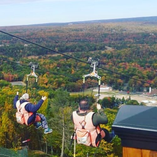 Two people ziplining over a colorful forest landscape with trees in autumn hues.