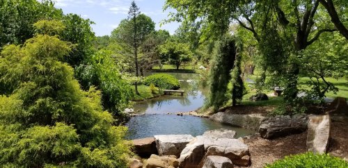 A serene park scene featuring a pond surrounded by lush greenery and rocks under a clear blue sky.