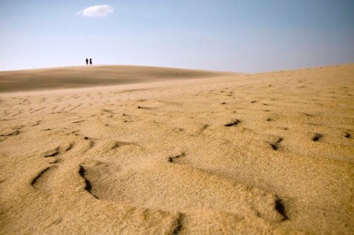 Two silhouetted figures stand on a sandy dune under a clear blue sky, with footprints leading towards them.