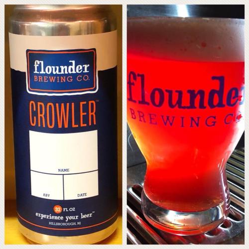 A crowler can and a glass of beer from Flounder Brewing Co., showcasing a vibrant red drink.