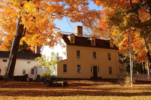 A white house surrounded by vibrant autumn foliage and fallen leaves, with a clear blue sky in the background.