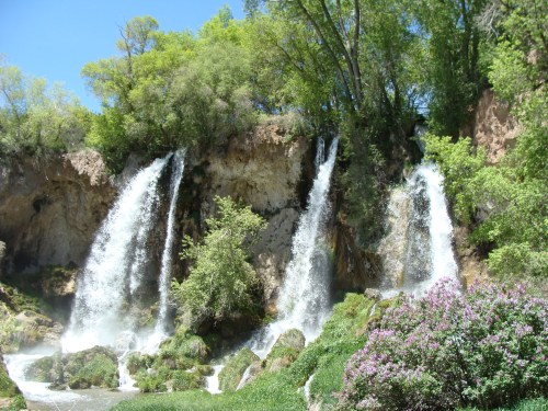 A scenic view of cascading waterfalls surrounded by lush greenery and blooming flowers under a clear blue sky.