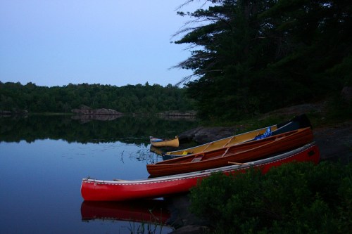Canoes in various colors resting on a rocky shore by a calm lake, surrounded by trees at dusk.