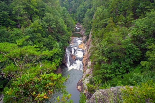 A scenic view of a waterfall cascading through lush green trees and rocky terrain.