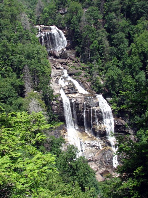 A scenic view of a cascading waterfall surrounded by lush green trees and rocky terrain.