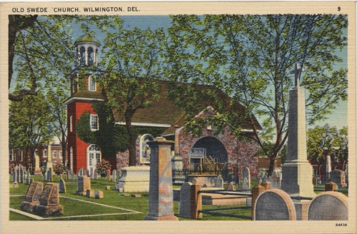 A vintage postcard of Old Swede's Church in Wilmington, Delaware, featuring a cemetery and lush trees.
