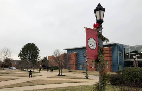 A campus scene featuring a lamppost with a holiday banner, buildings in the background, and people walking on the path.