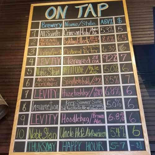 Chalkboard menu listing various beers on tap, including names, styles, ABV percentages, and prices.