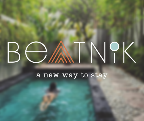 A person swims in a pool surrounded by greenery, with the text "BEATNIK - a new way to stay" overlaying the image.