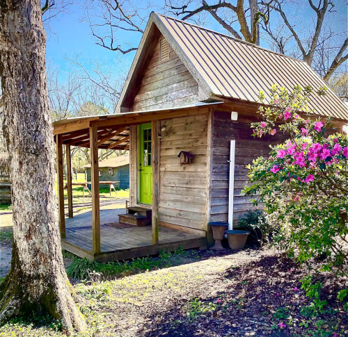 A rustic wooden cabin with a green door, surrounded by trees and blooming flowers on a sunny day.
