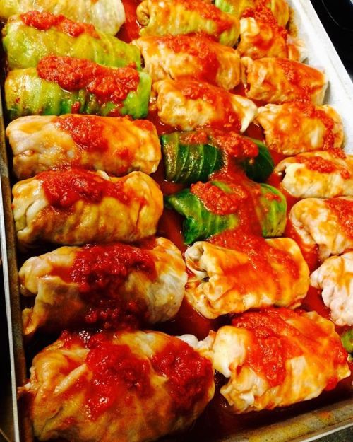 A tray of stuffed cabbage rolls topped with tomato sauce, featuring green and white cabbage leaves.