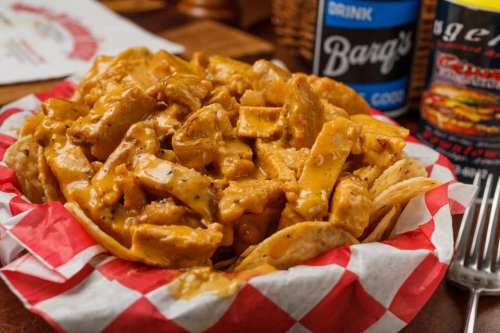A bowl of chicken covered in a creamy sauce, served with tortilla chips, on a red and white checkered paper.