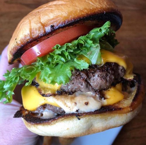 A hand holding a juicy burger with lettuce, tomato, and melted cheese on a toasted bun.