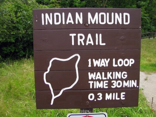 Sign for Indian Mound Trail, indicating a 1-way loop, 0.3 miles, with a walking time of 30 minutes.
