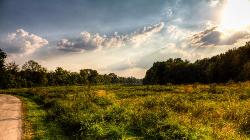 A scenic landscape featuring a winding path, lush greenery, and a dramatic sky with clouds and sunlight.