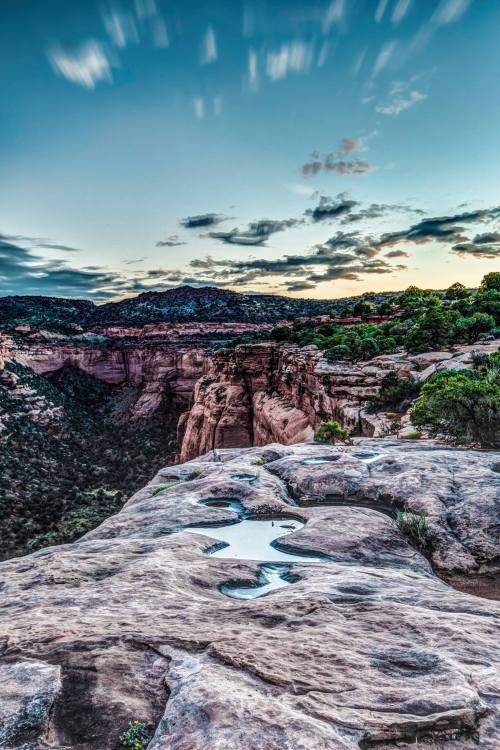 A scenic view of a rocky canyon at sunset, with clouds and a small pool of water on the foreground rock.