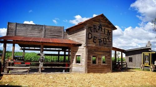 A rustic wooden building labeled "Truth Depot" with a metal roof, surrounded by a field and blue sky.