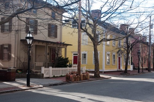 A quiet street lined with colorful historic houses and bare trees, with bags of leaves on the sidewalk.