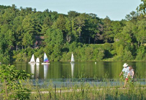 A serene lake scene with sailboats and people walking along the shore, surrounded by lush green trees.