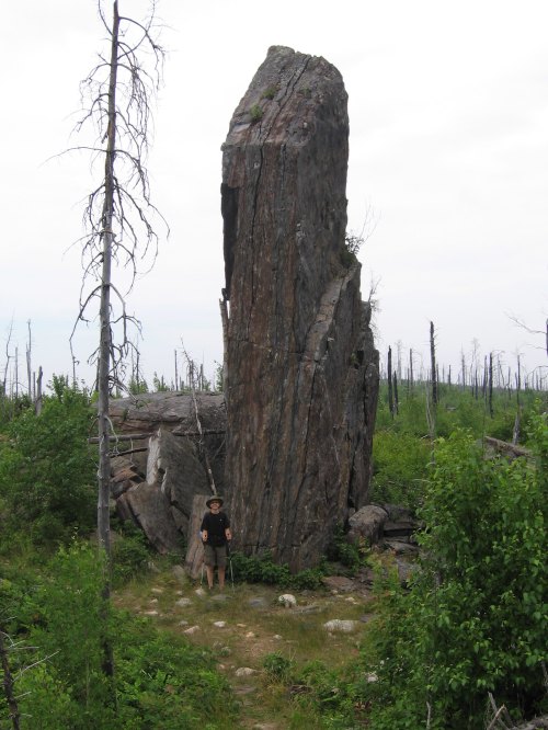 A person stands beside a tall, vertical rock formation in a forested area with sparse trees and greenery.