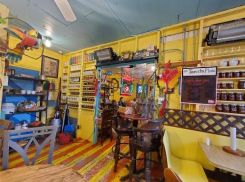 Colorful interior of a cozy café with shelves of jars, wooden tables, and vibrant decorations, including a parrot.
